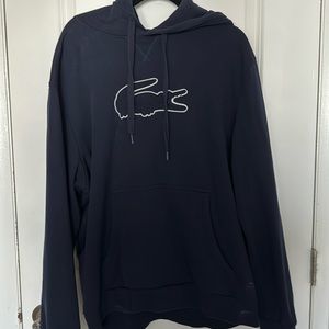 Men’s heavy Lacoste Navy Blue hooded sweatshirt with front pocket.